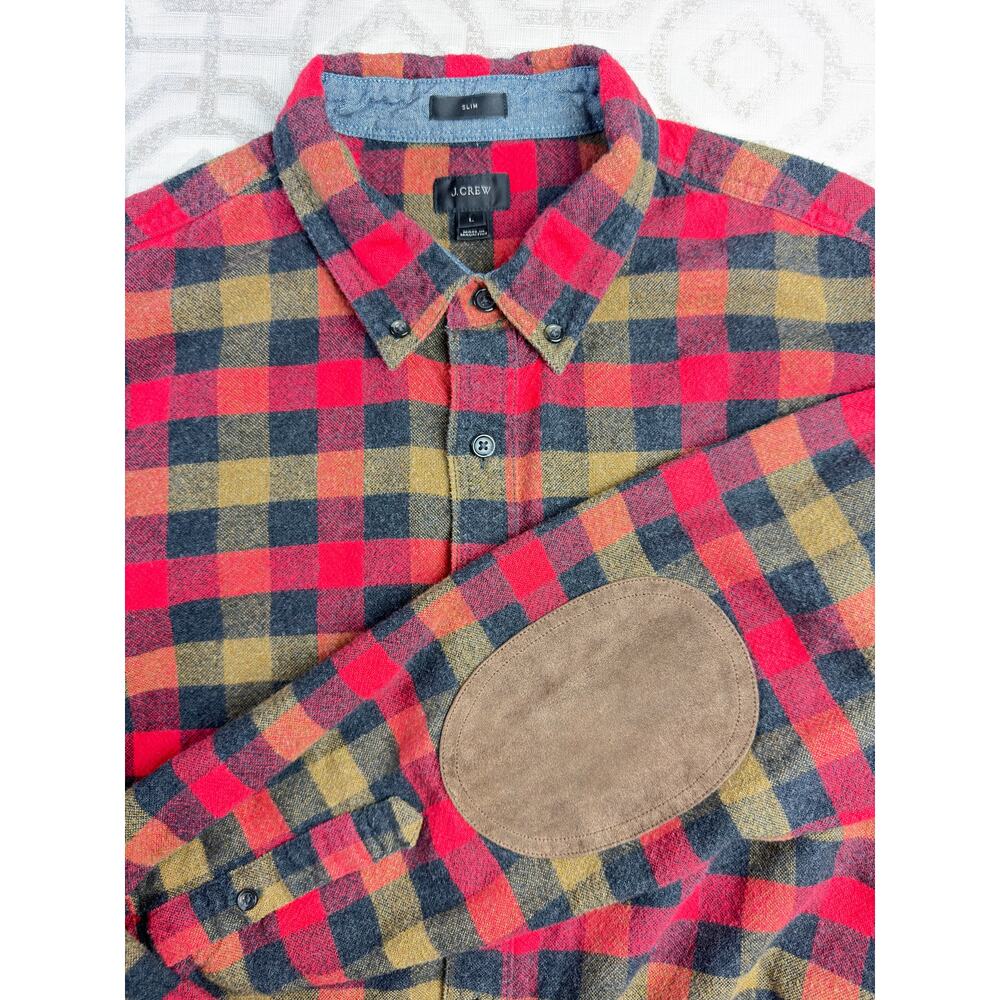 J. Crew Size L Men's Cotton Wool Blend Checked Shirt Slim Fit Elbow‎ Patch
